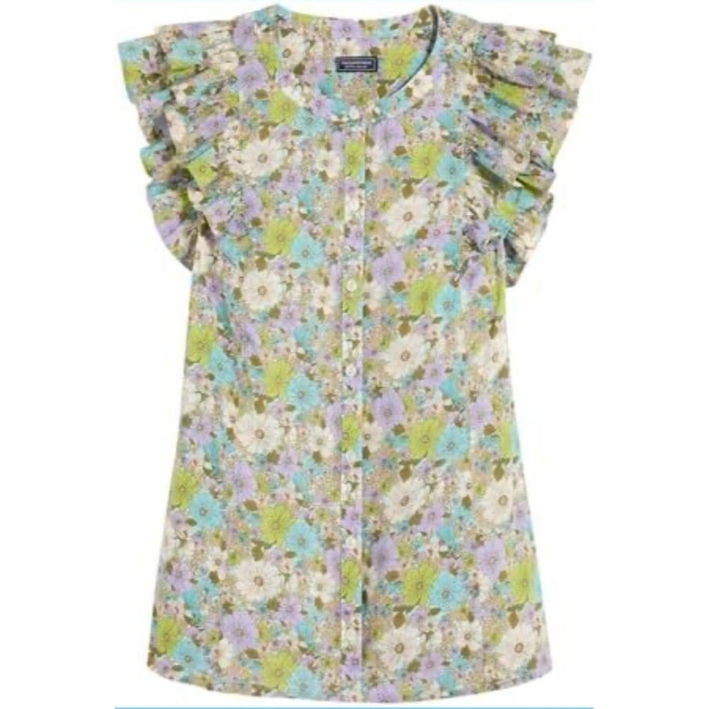 Vineyard Vines Floral Ruffle Sleeve Blouse in Pastel Green, Blue, Lavender